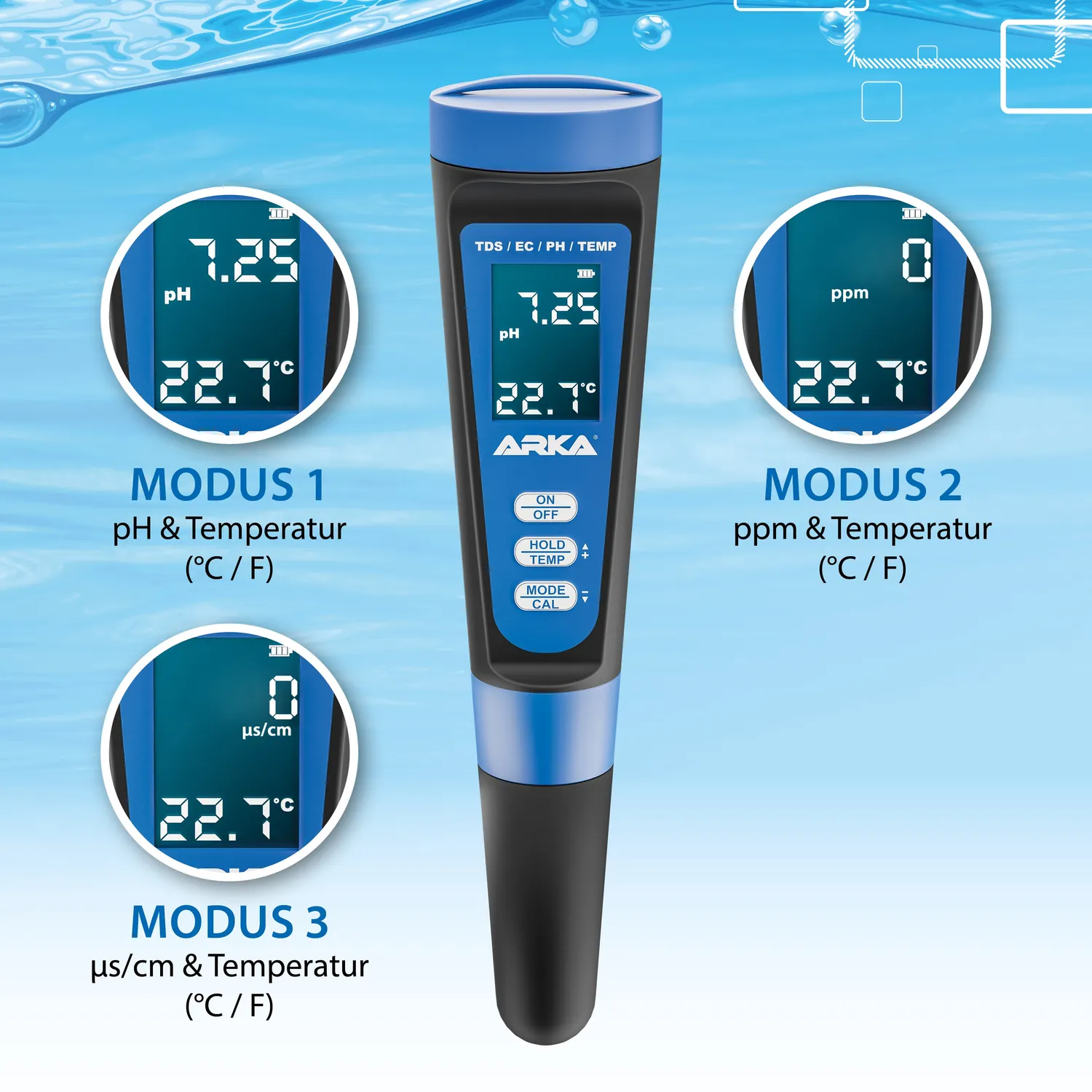 ARKA myAQUA pH TDS EC mätare med termometer