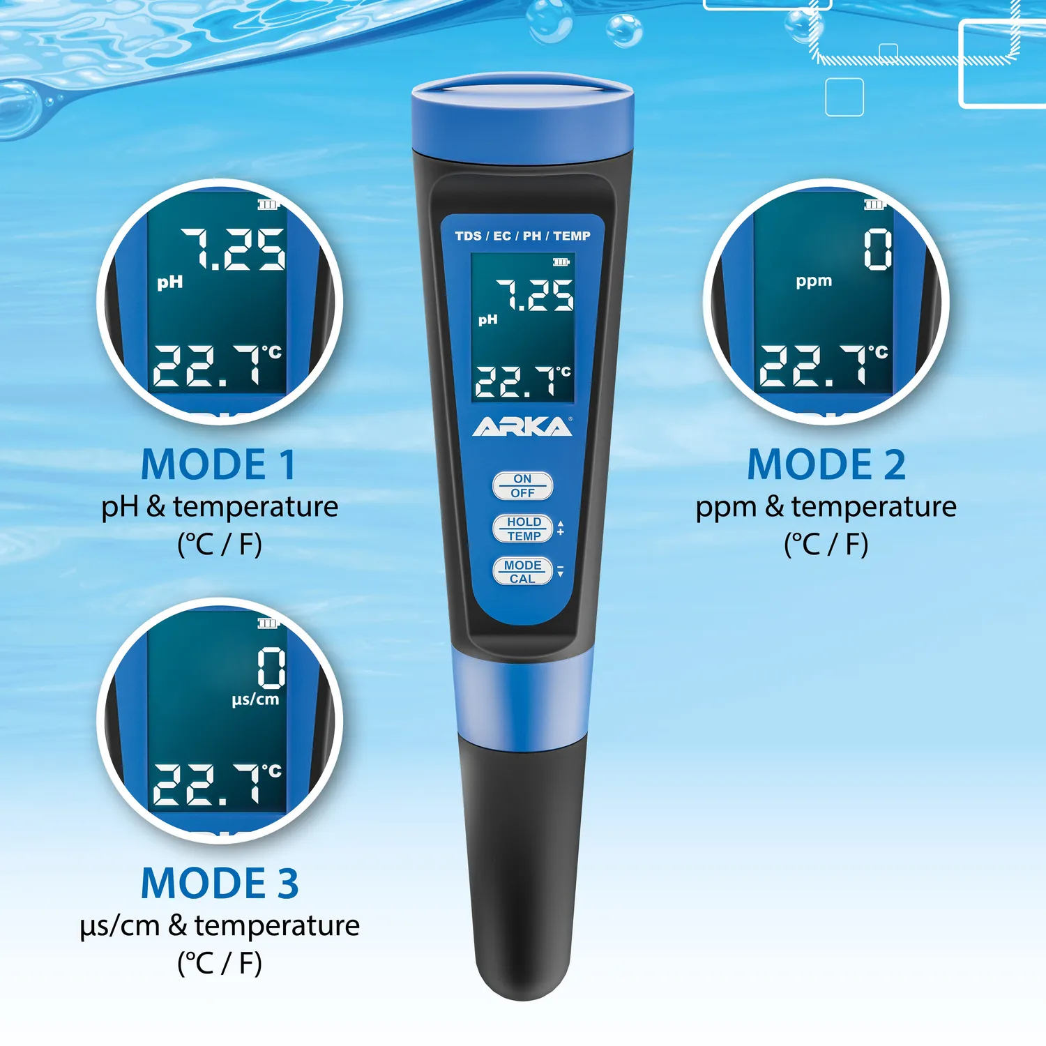 ARKA myAQUA pH TDS EC mätare med termometer