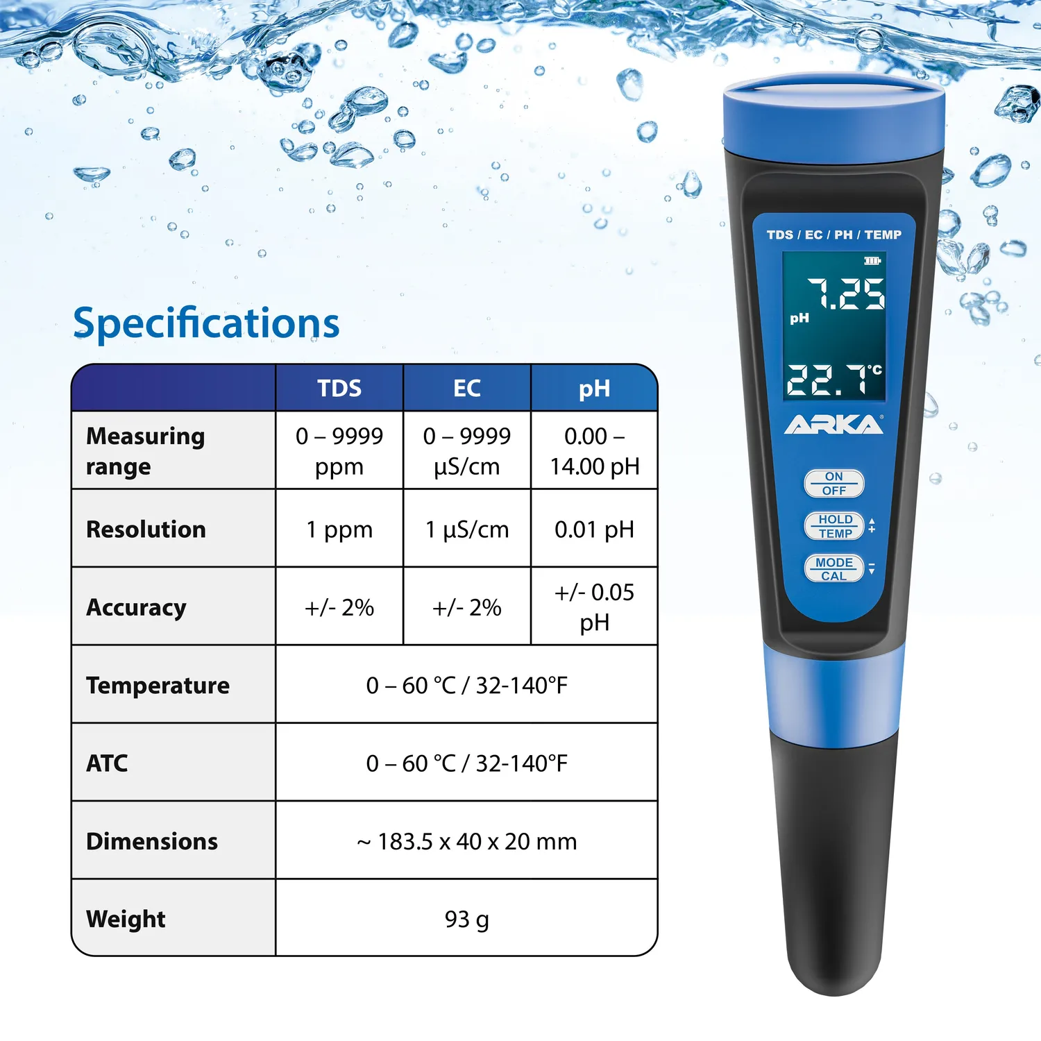 ARKA myAQUA pH TDS EC mätare med termometer